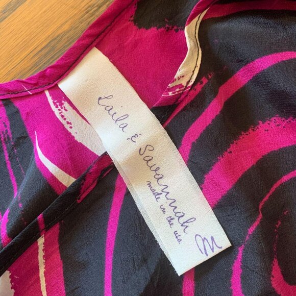 VTG Bold Abstract Silk Top Sz M Swirly Psychedelic Magenta Black Retro 70s Style - Picture 4 of 7